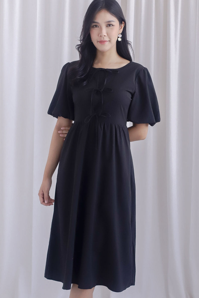 Heather Tie Ribbons Front Midi Dress in Black