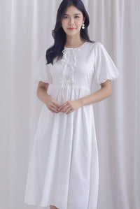 Heather Tie Ribbons Front Midi Dress in White