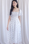 Henrietta Multi Way Smocked Maxi Dress In Rose Lattice Blue