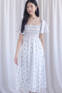Henrietta Multi Way Smocked Maxi Dress In Rose Lattice Blue