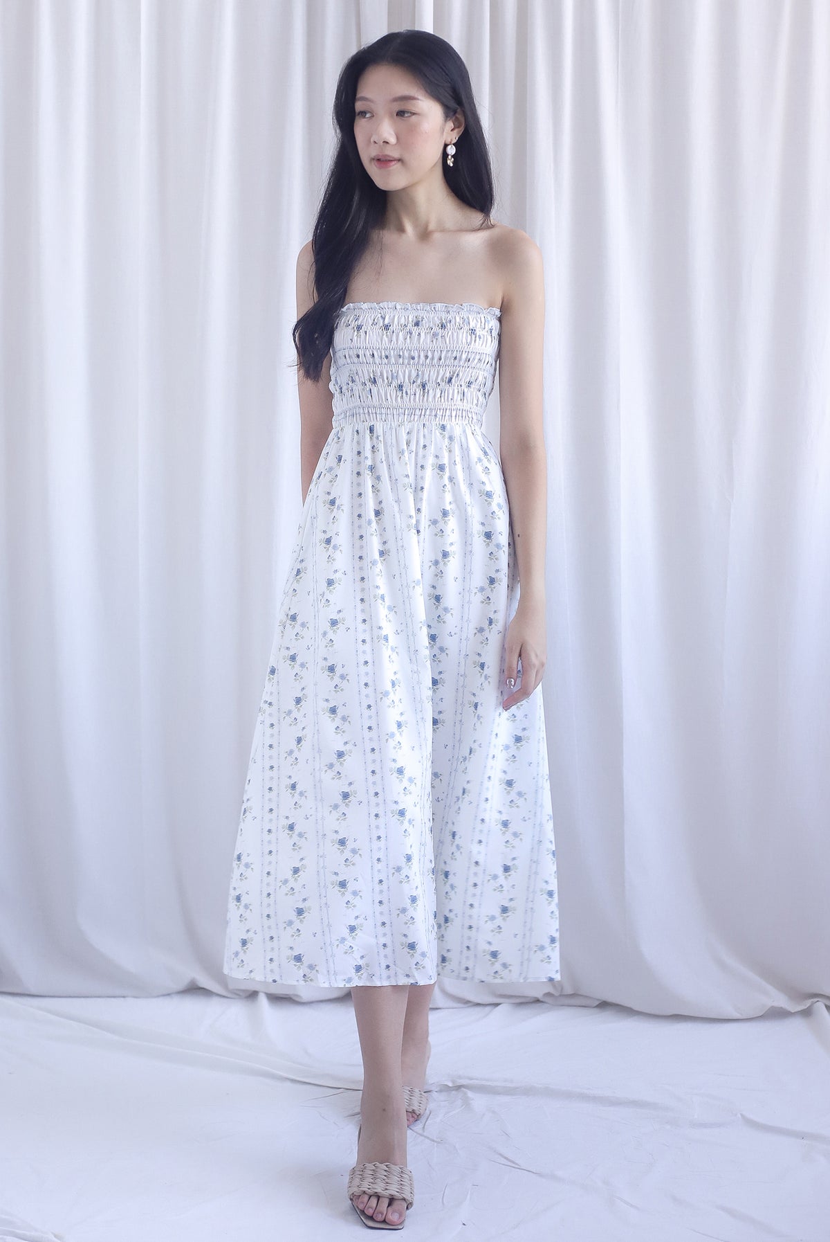 Henrietta Multi Way Smocked Maxi Dress In Rose Lattice Blue