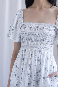 Henrietta Multi Way Smocked Maxi Dress In Rose Lattice Blue