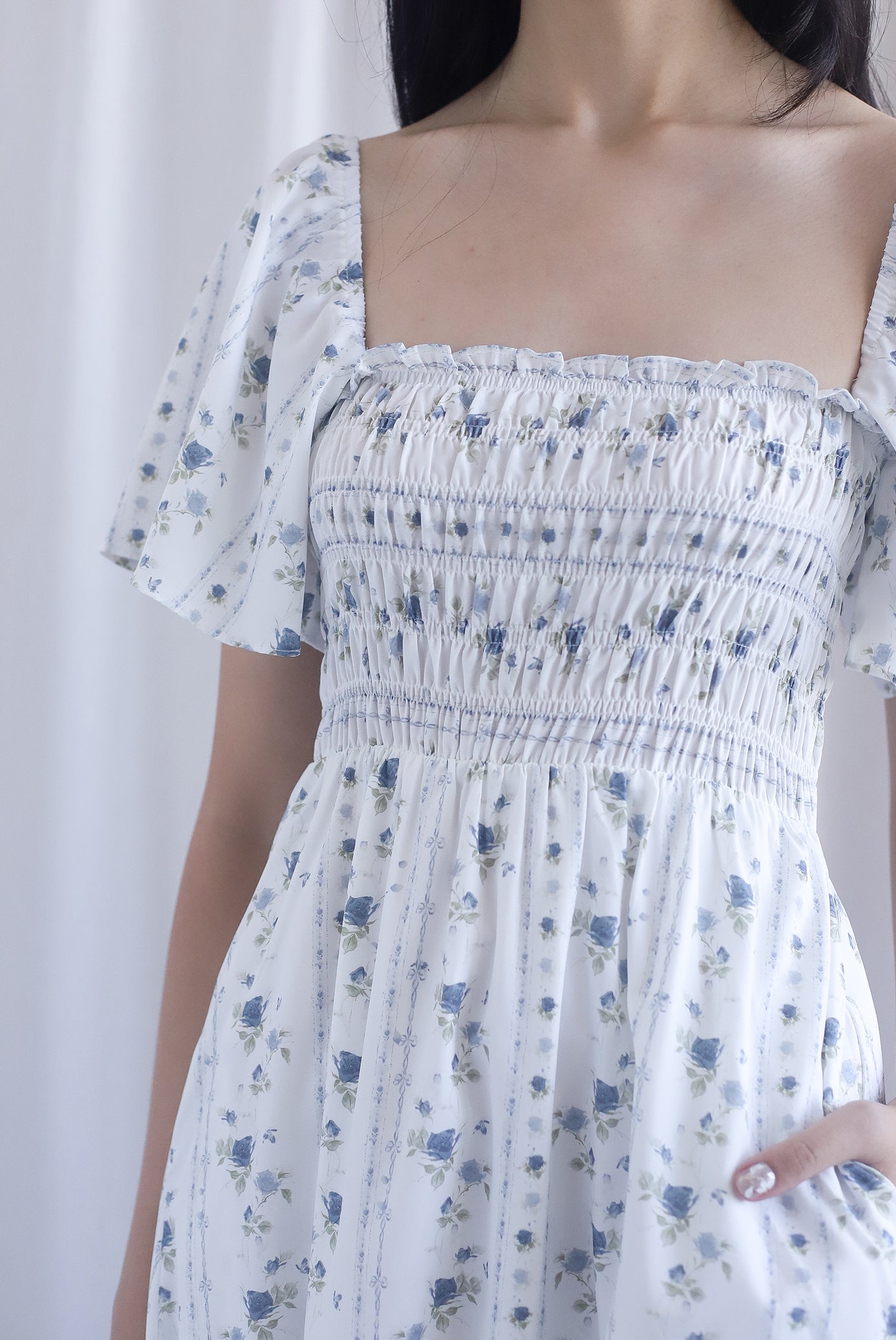 Henrietta Multi Way Smocked Maxi Dress In Rose Lattice Blue