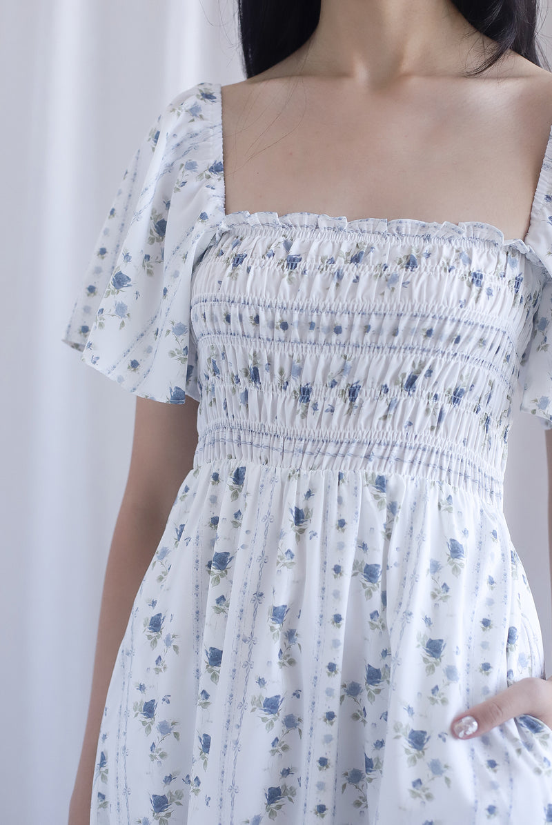 Henrietta Multi Way Smocked Maxi Dress In Rose Lattice Blue