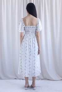 Henrietta Multi Way Smocked Maxi Dress In Rose Lattice Blue