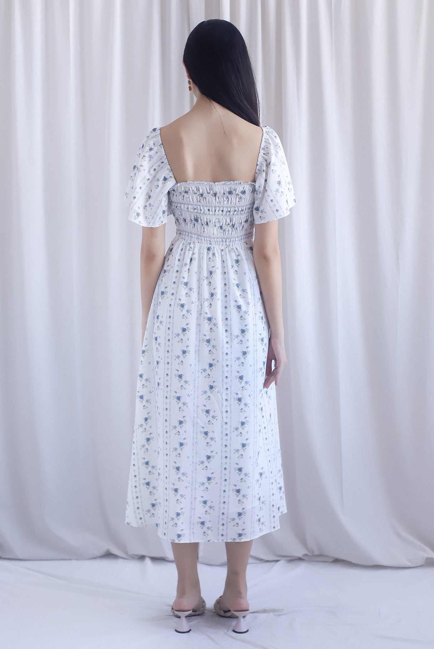 Henrietta Multi Way Smocked Maxi Dress In Rose Lattice Blue
