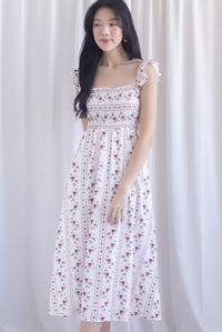 Henrietta Multi Way Smocked Maxi Dress In Rose Lattice Red