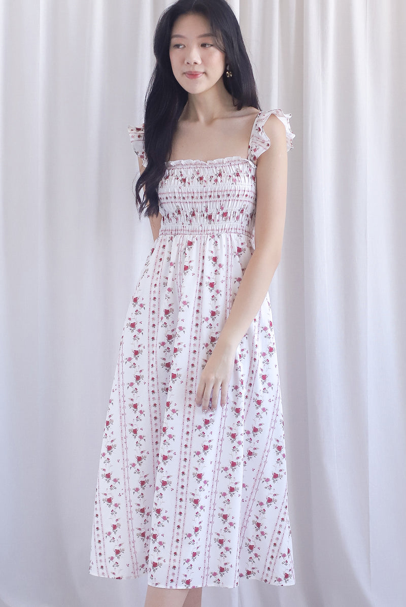 Henrietta Multi Way Smocked Maxi Dress In Rose Lattice Red