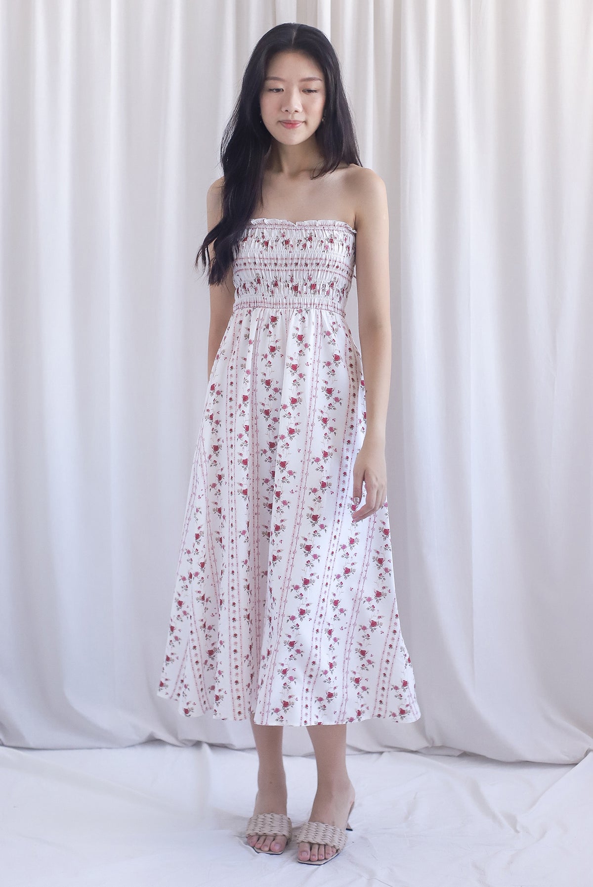 Henrietta Multi Way Smocked Maxi Dress In Rose Lattice Red