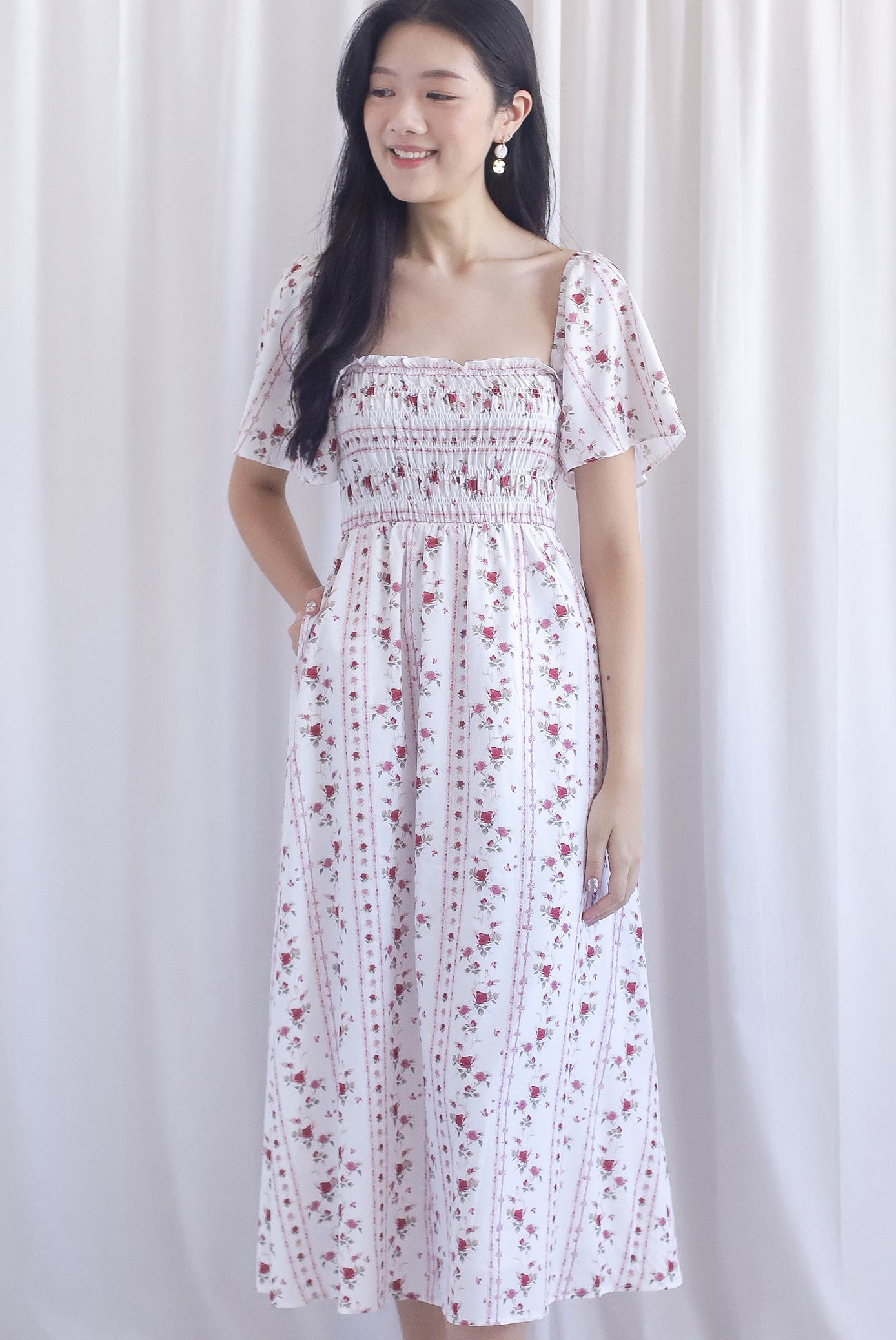 Henrietta Multi Way Smocked Maxi Dress In Rose Lattice Red