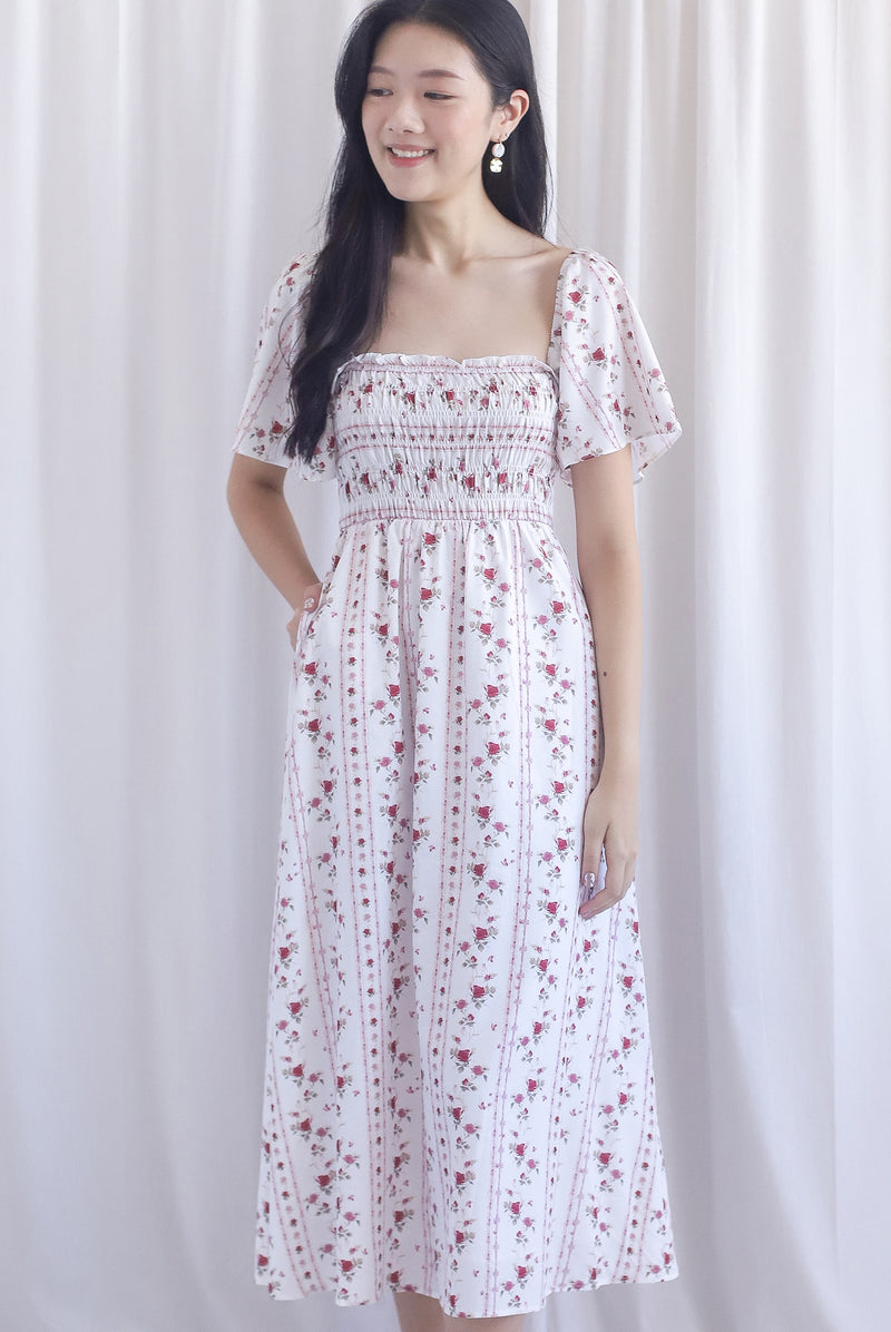Henrietta Multi Way Smocked Maxi Dress In Rose Lattice Red