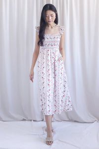Henrietta Multi Way Smocked Maxi Dress In Rose Lattice Red