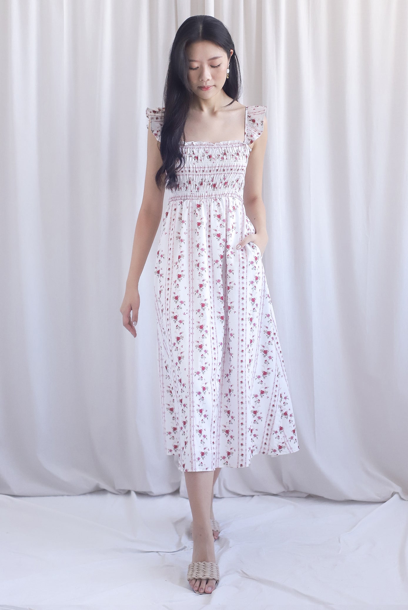 Henrietta Multi Way Smocked Maxi Dress In Rose Lattice Red