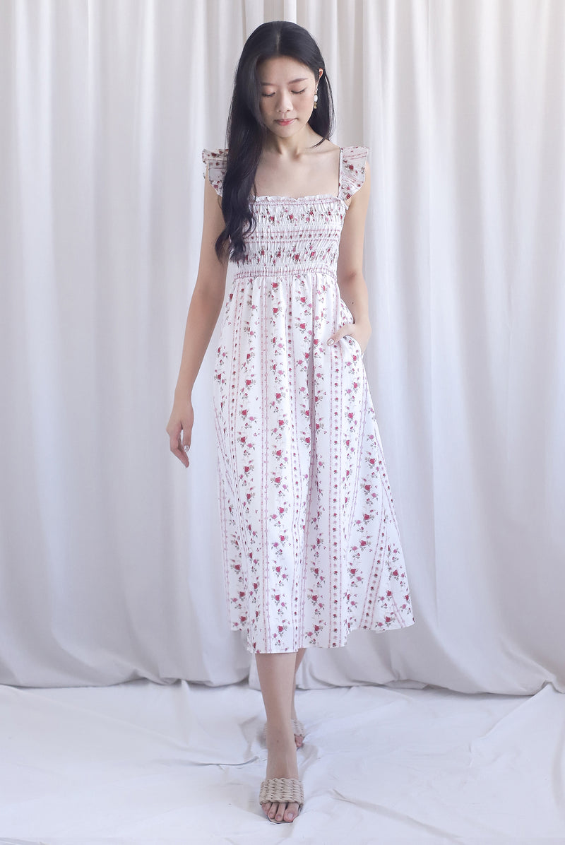 Henrietta Multi Way Smocked Maxi Dress In Rose Lattice Red