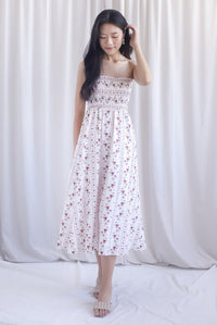 Henrietta Multi Way Smocked Maxi Dress In Rose Lattice Red