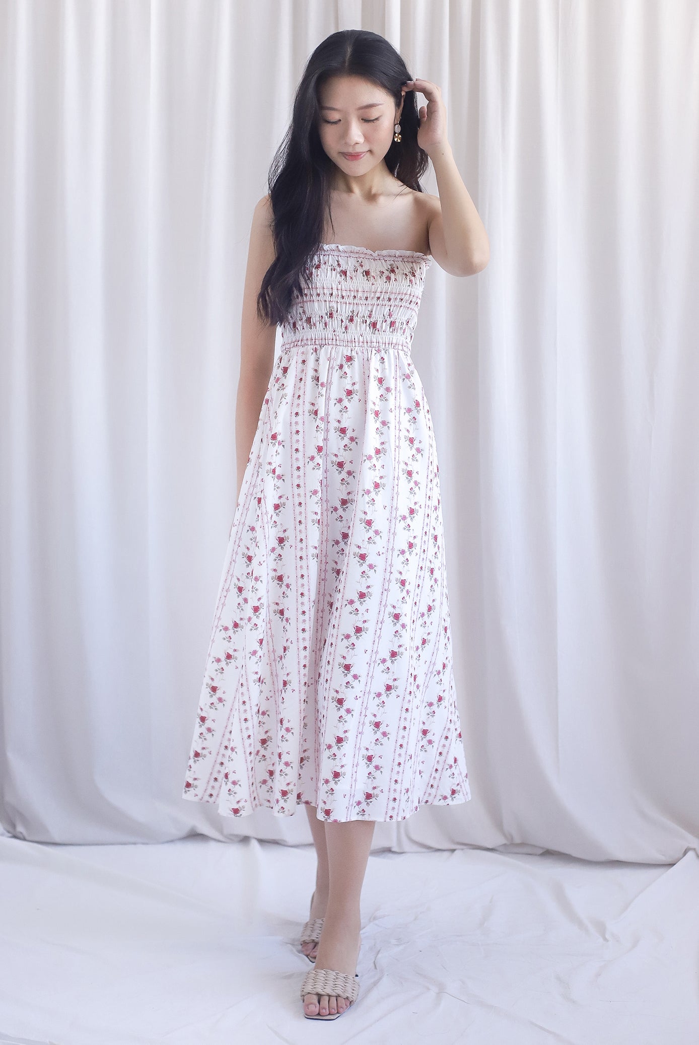 Henrietta Multi Way Smocked Maxi Dress In Rose Lattice Red