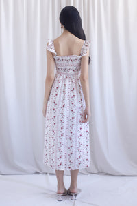Henrietta Multi Way Smocked Maxi Dress In Rose Lattice Red