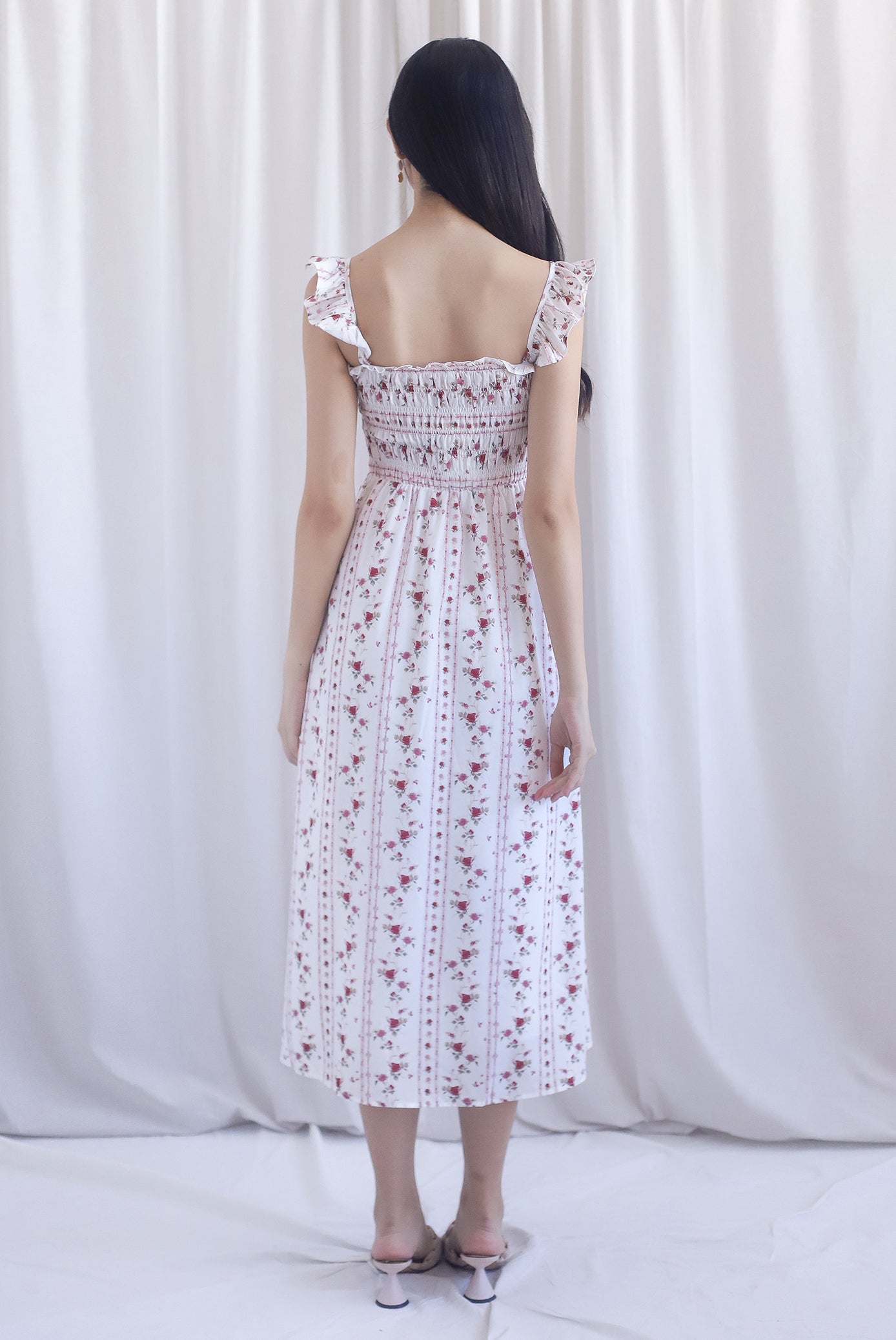 Henrietta Multi Way Smocked Maxi Dress In Rose Lattice Red