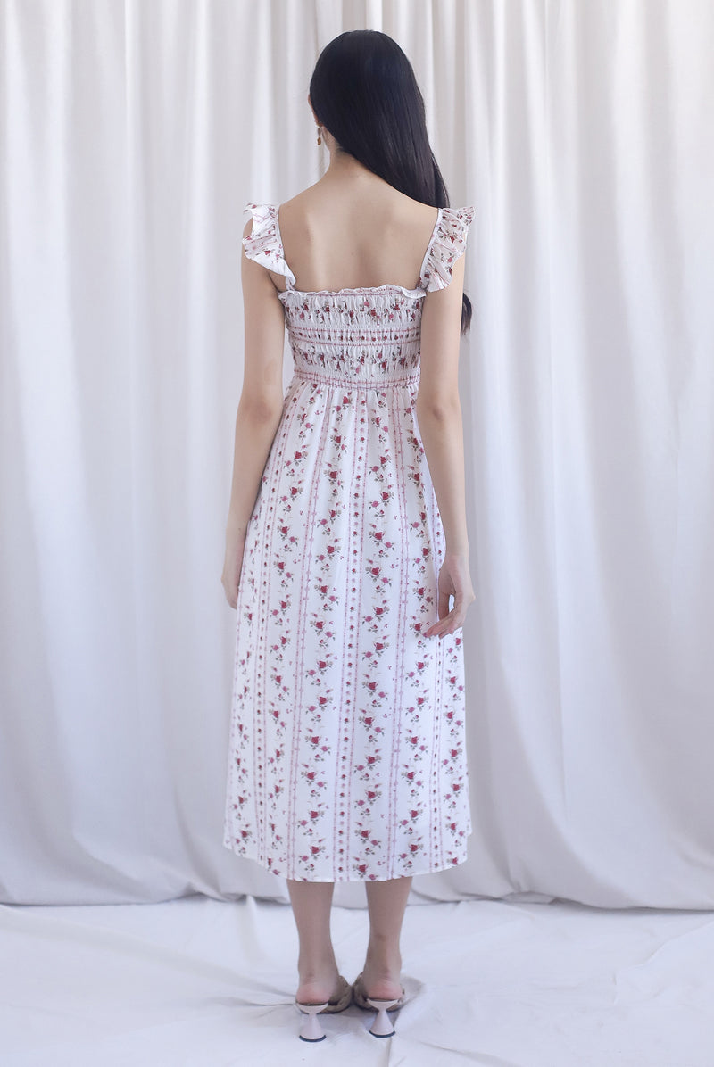 Henrietta Multi Way Smocked Maxi Dress In Rose Lattice Red