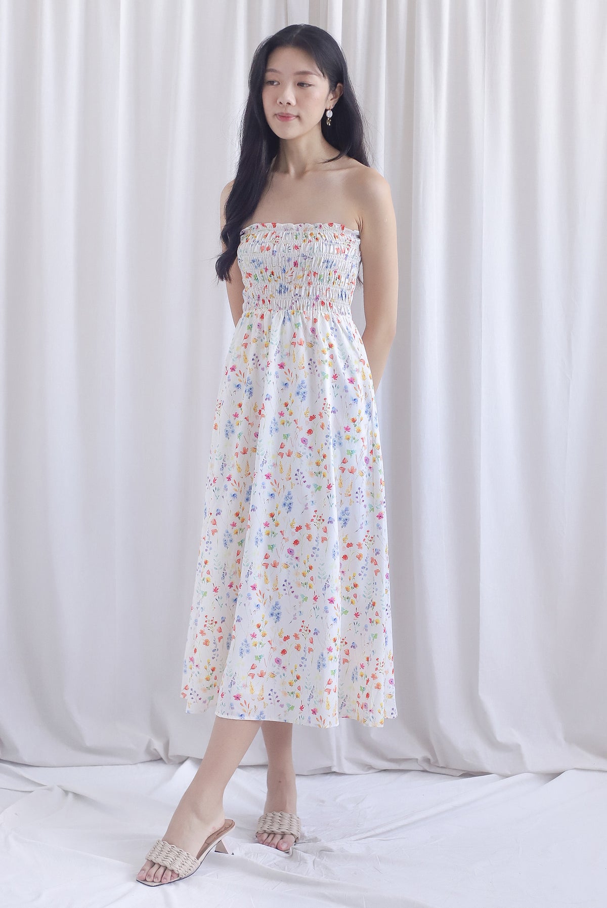 Henrietta Multi Way Smocked Maxi Dress In Peach Floral