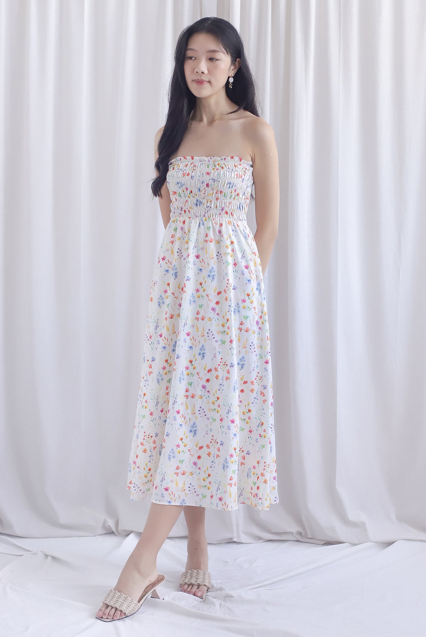 Henrietta Multi Way Smocked Maxi Dress In Peach Floral