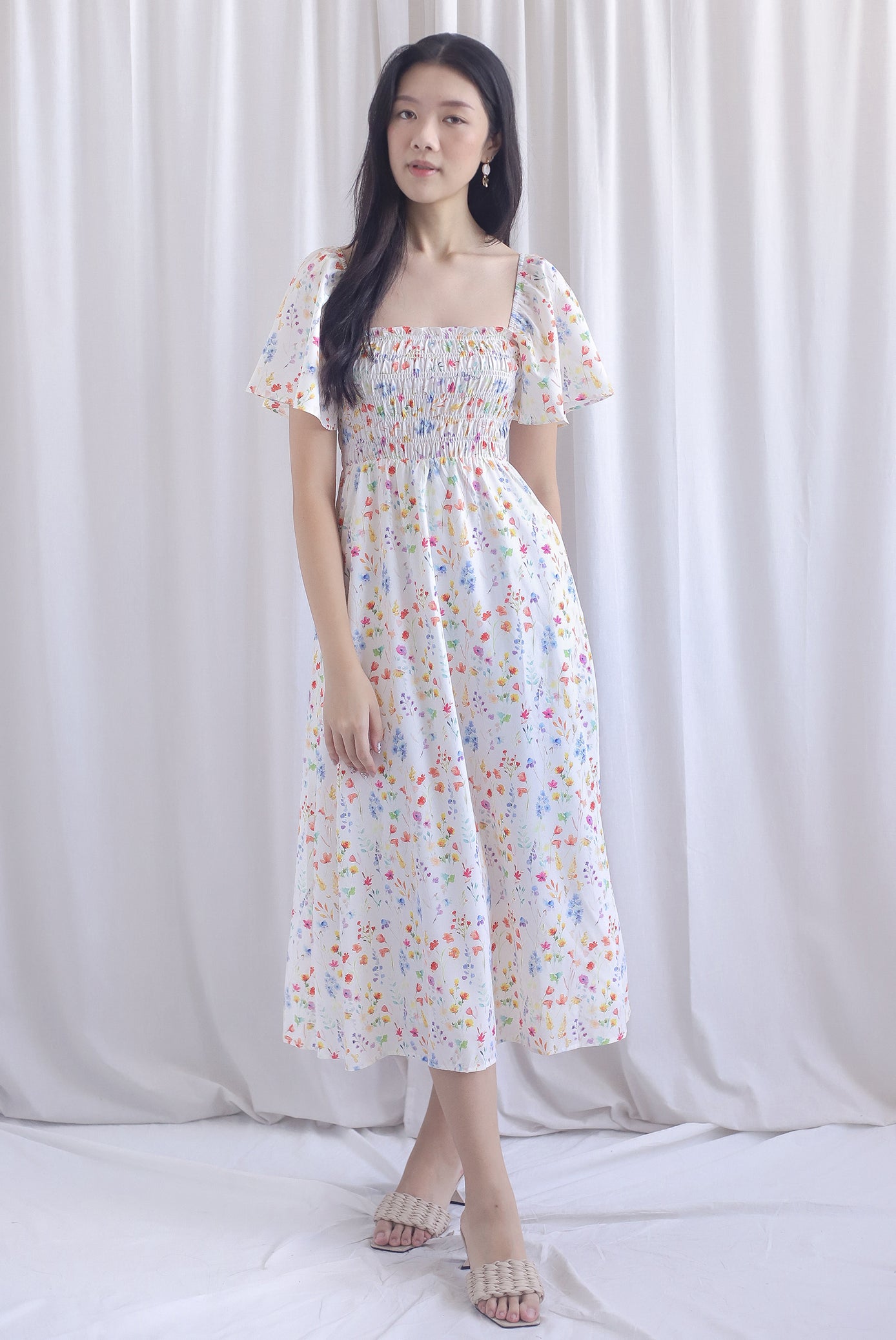 Henrietta Multi Way Smocked Maxi Dress In Peach Floral