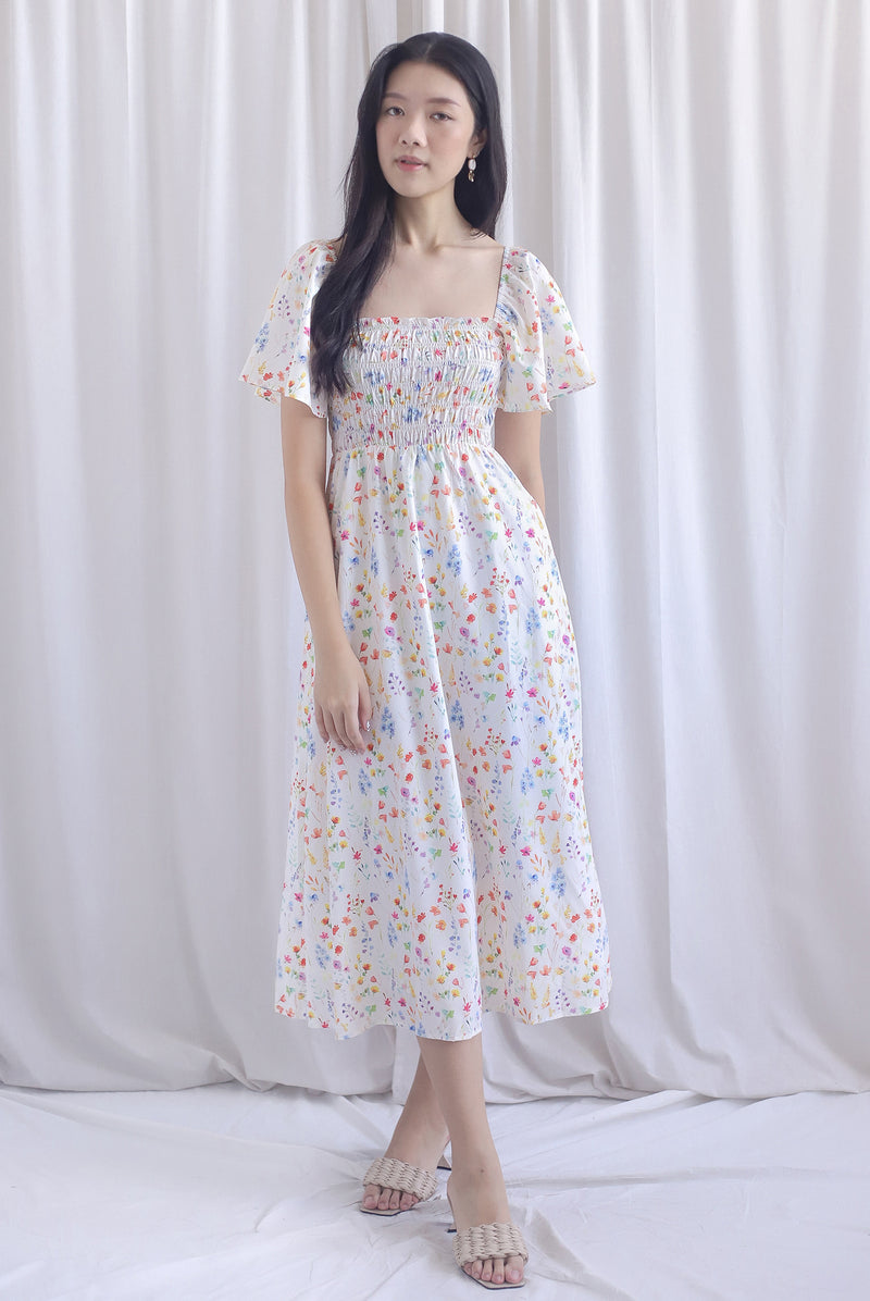 Henrietta Multi Way Smocked Maxi Dress In Peach Floral