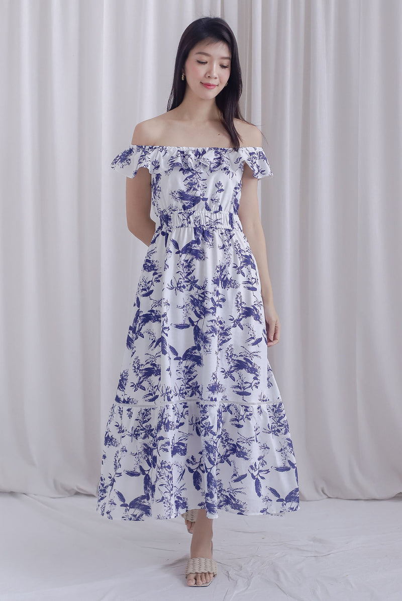 Holly Porcelain Ruffle Neckline Maxi Dress