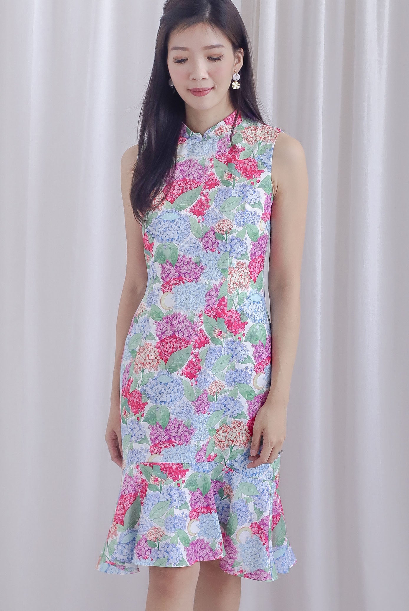 Hydrangea Cheong Sam Mermaid Dress In Pink