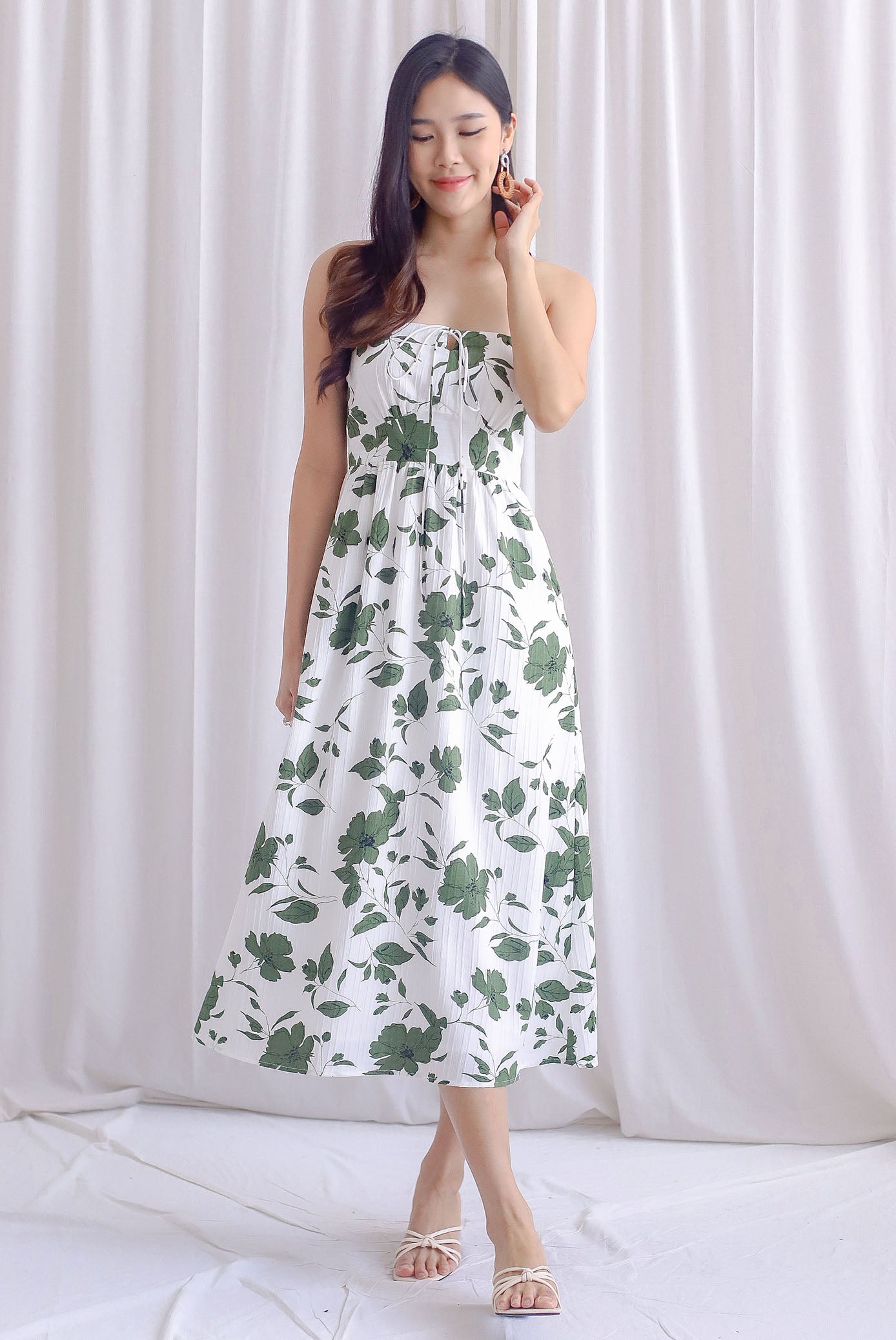 Icie Floral Emboss Stripe Tie Up Dress
