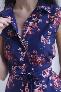Ikebana Floral Obi Belt Shirt Dress In Navy Blue
