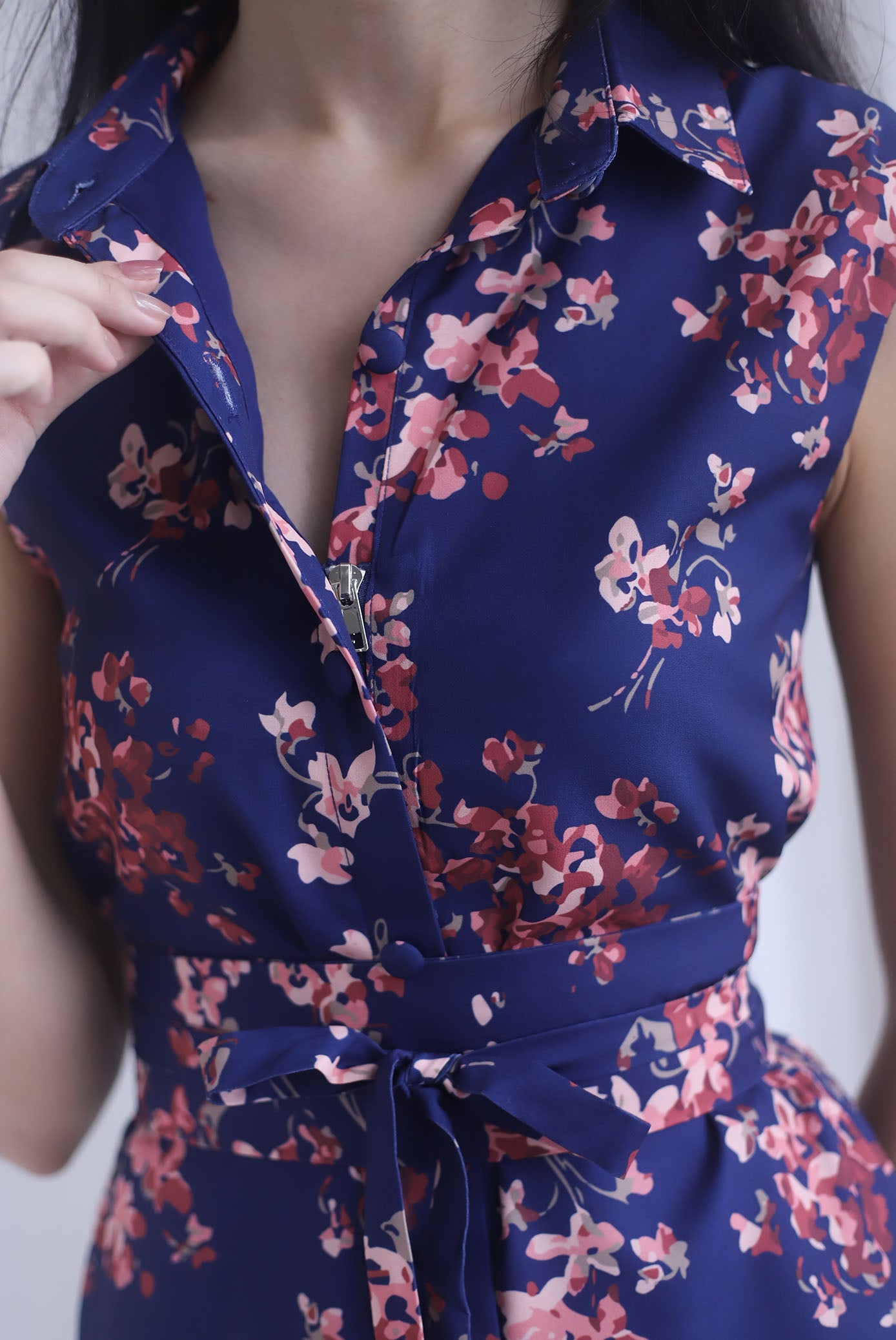 Ikebana Floral Obi Belt Shirt Dress In Navy Blue