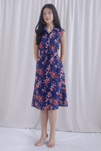 Ikebana Floral Obi Belt Shirt Dress In Navy Blue