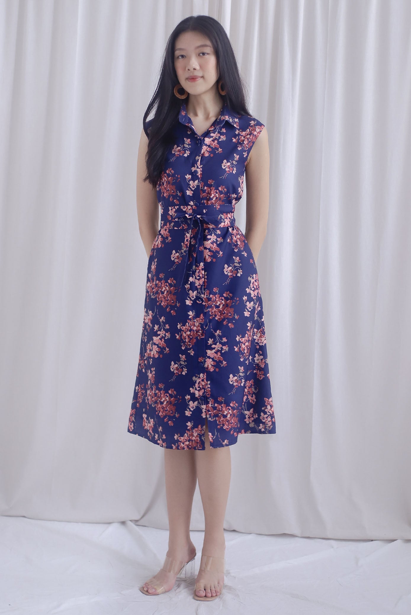 Ikebana Floral Obi Belt Shirt Dress In Navy Blue