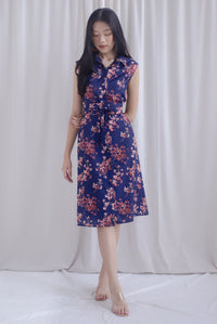 Ikebana Floral Obi Belt Shirt Dress In Navy Blue