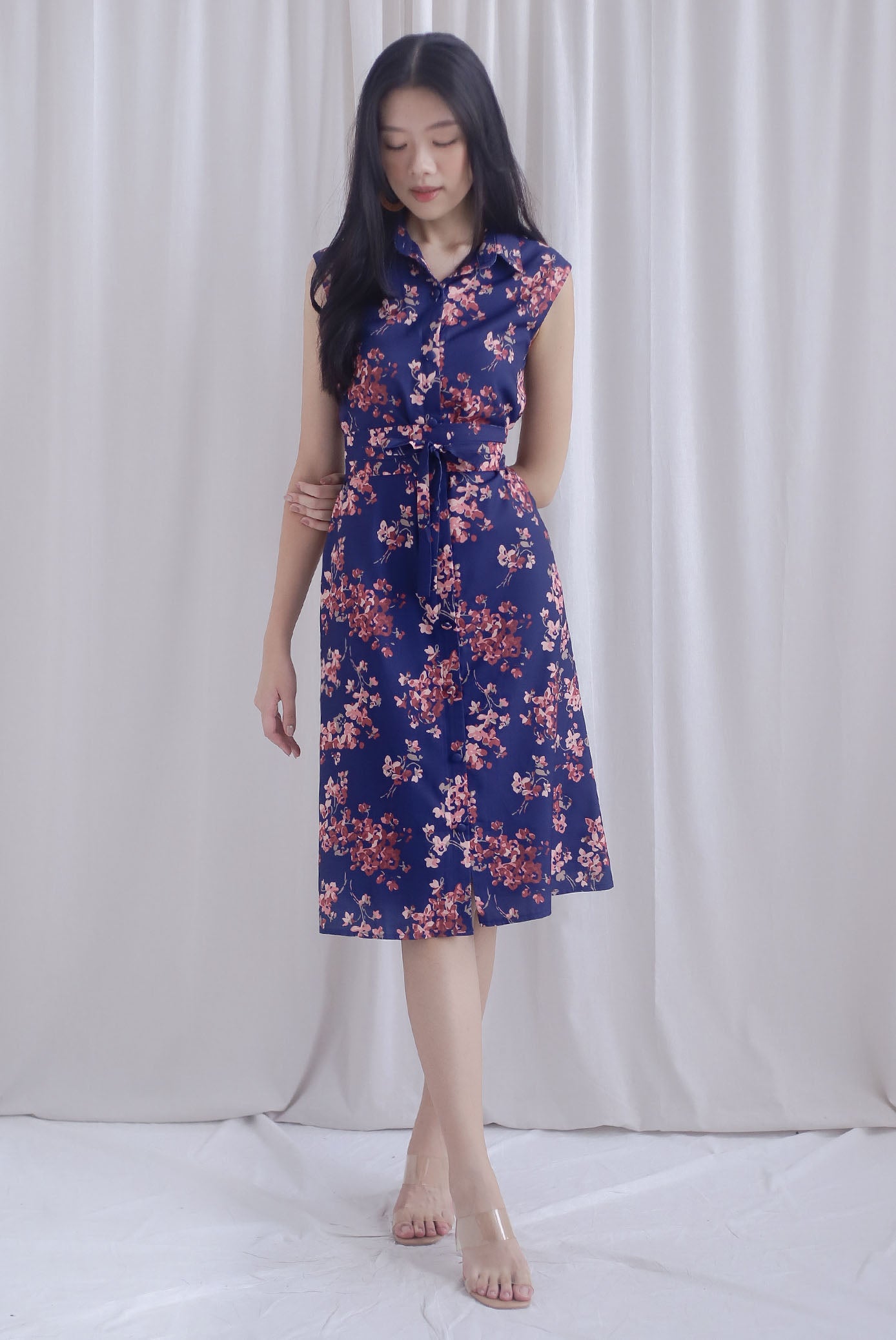 Ikebana Floral Obi Belt Shirt Dress In Navy Blue
