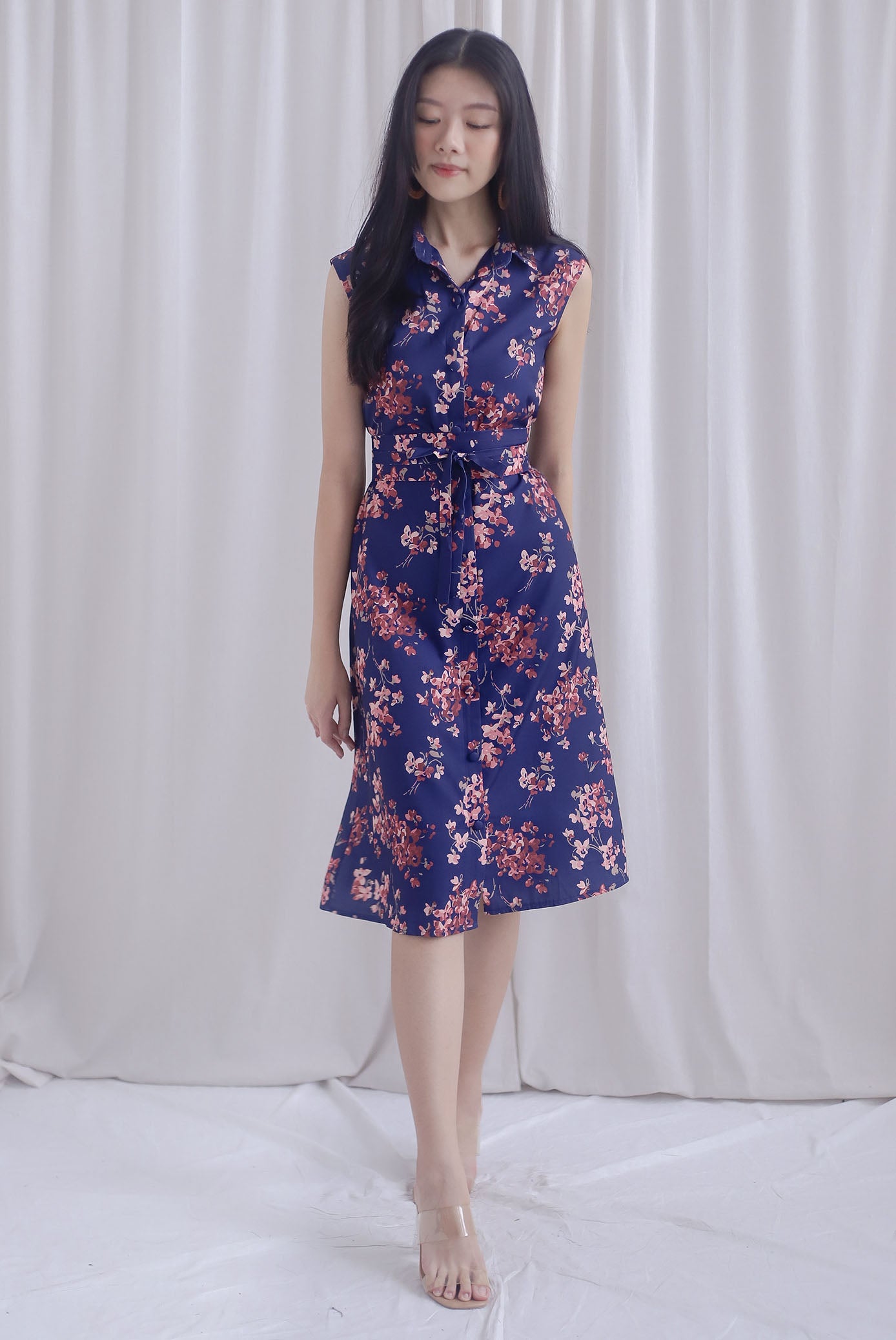 Ikebana Floral Obi Belt Shirt Dress In Navy Blue