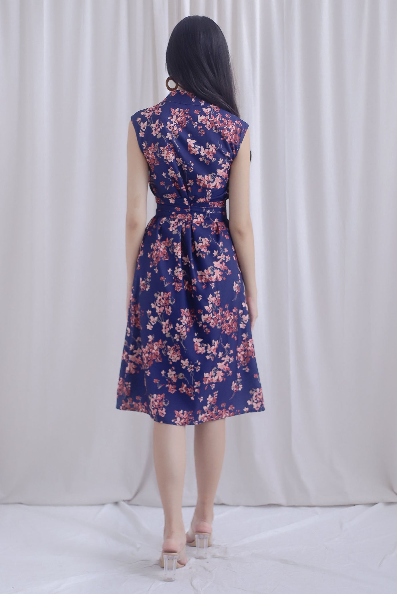 Ikebana Floral Obi Belt Shirt Dress In Navy Blue
