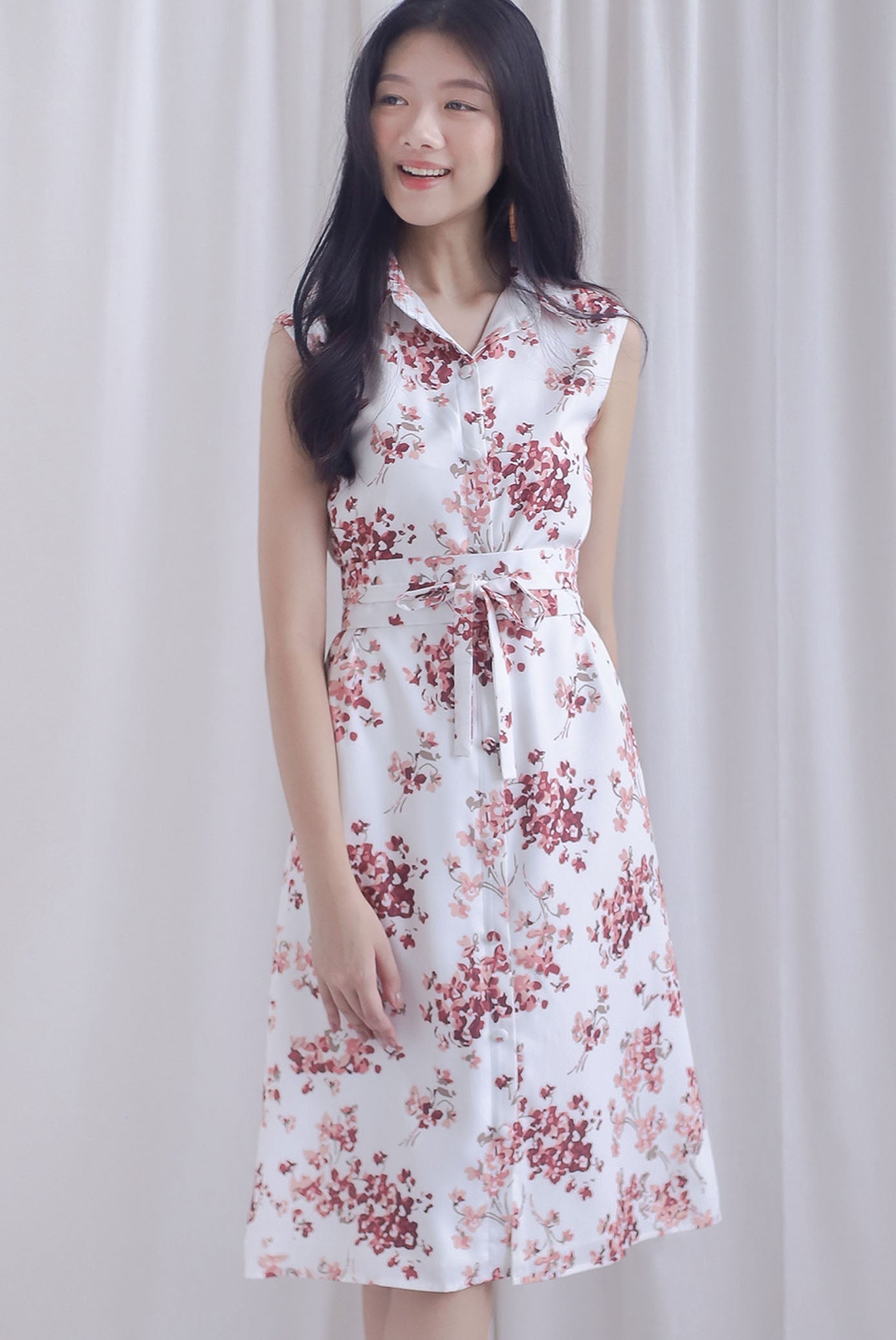 Ikebana Floral Obi Belt Shirt Dress In White