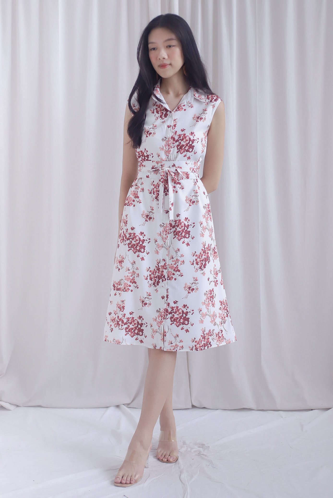 Ikebana Floral Obi Belt Shirt Dress In White