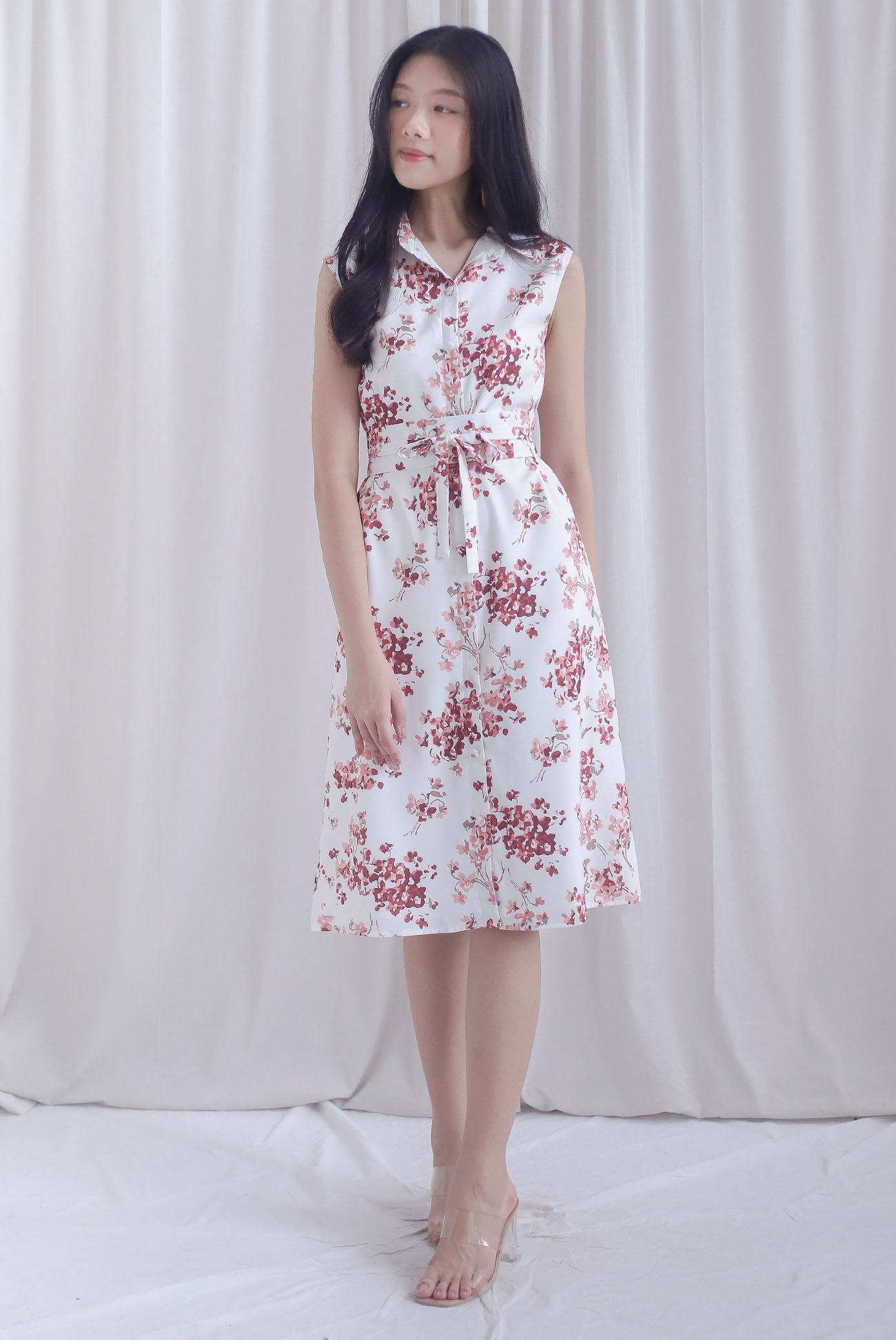 Ikebana Floral Obi Belt Shirt Dress In White