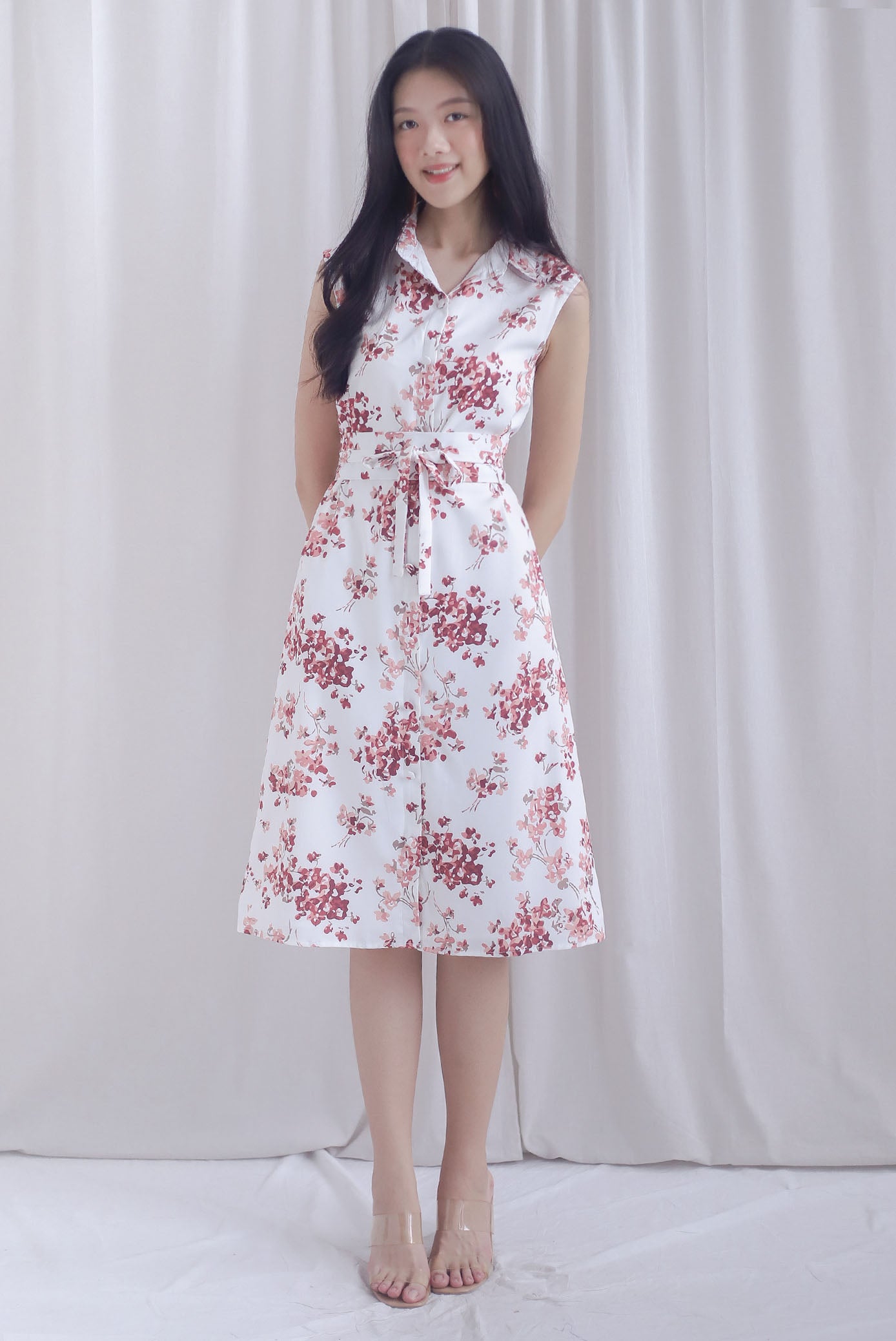 Ikebana Floral Obi Belt Shirt Dress In White