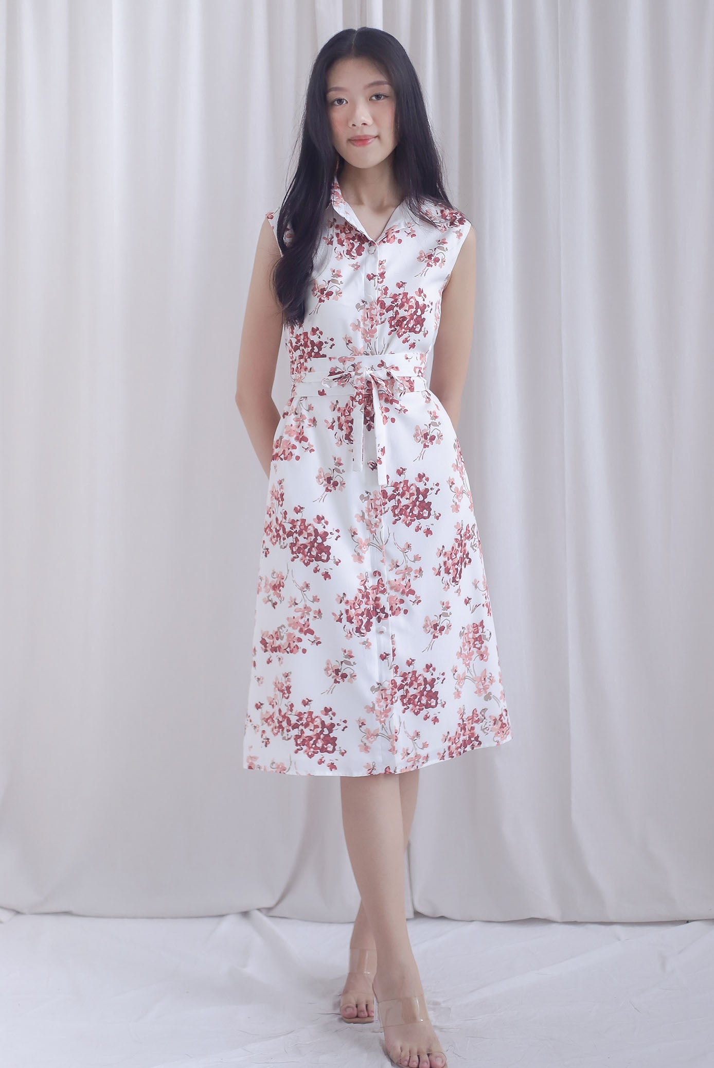 Ikebana Floral Obi Belt Shirt Dress In White