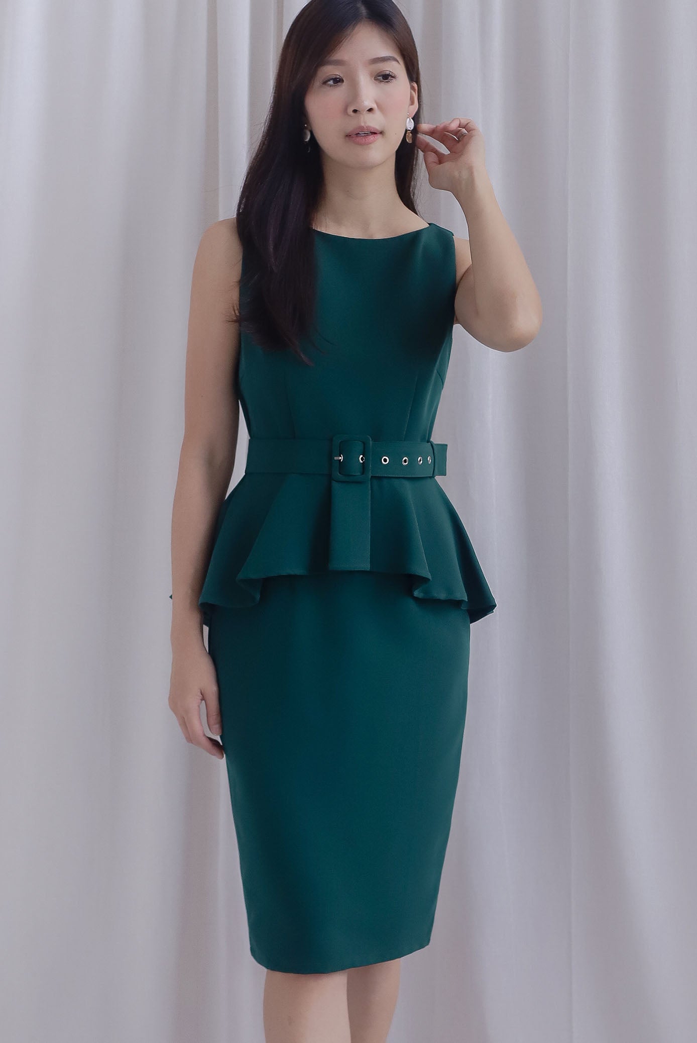 Isabella Boat Neck Peplum Work Dress In Forest Green