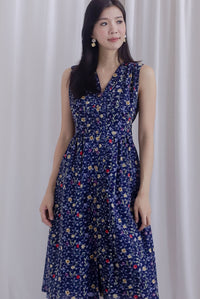 Isla Floral Eyelet Empire Waist Buttons Dress In Navy Blue