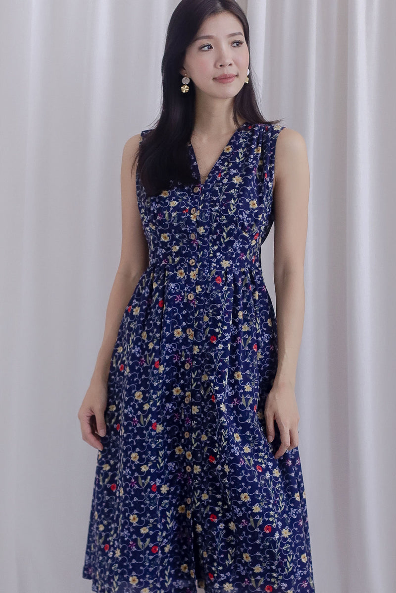 Isla Floral Eyelet Empire Waist Buttons Dress In Navy Blue