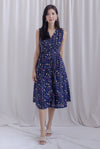 Isla Floral Eyelet Empire Waist Buttons Dress In Navy Blue