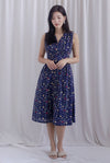 Isla Floral Eyelet Empire Waist Buttons Dress In Navy Blue