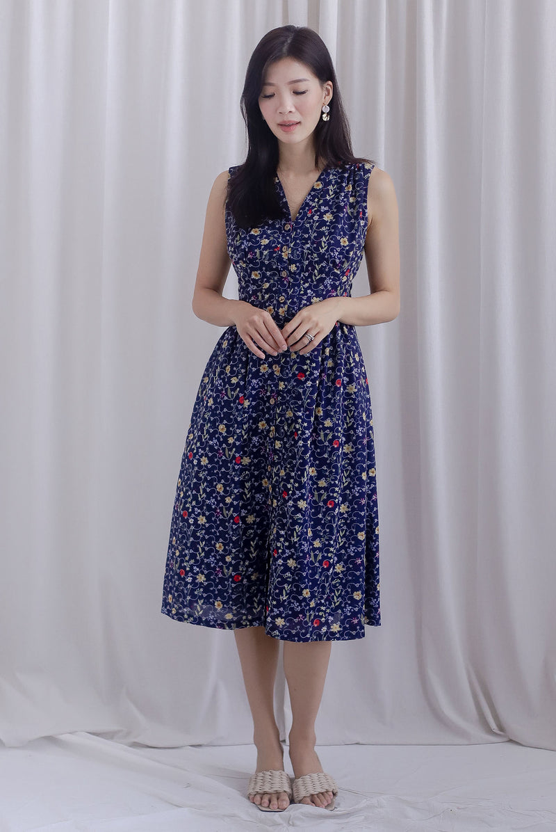 Isla Floral Eyelet Empire Waist Buttons Dress In Navy Blue