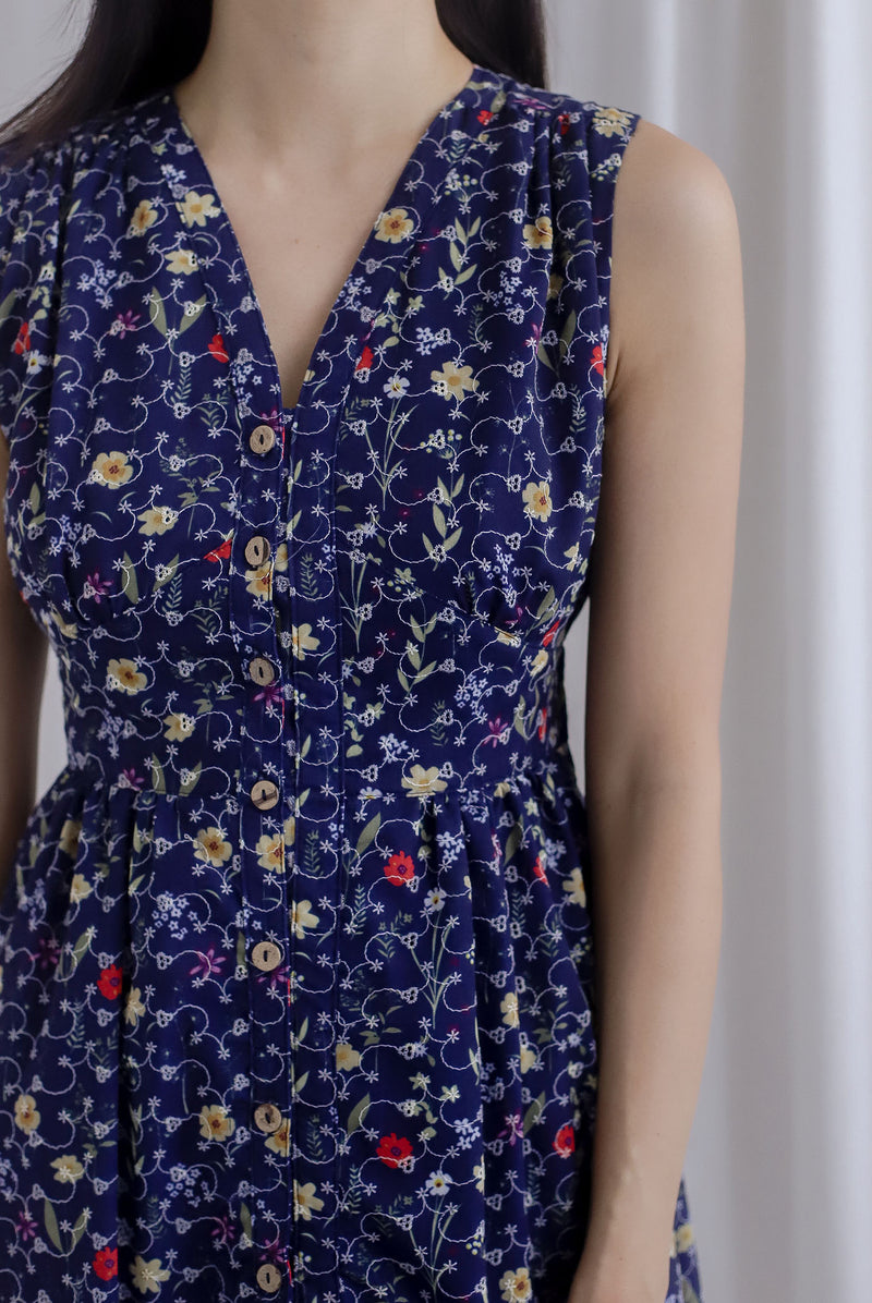 Isla Floral Eyelet Empire Waist Buttons Dress In Navy Blue